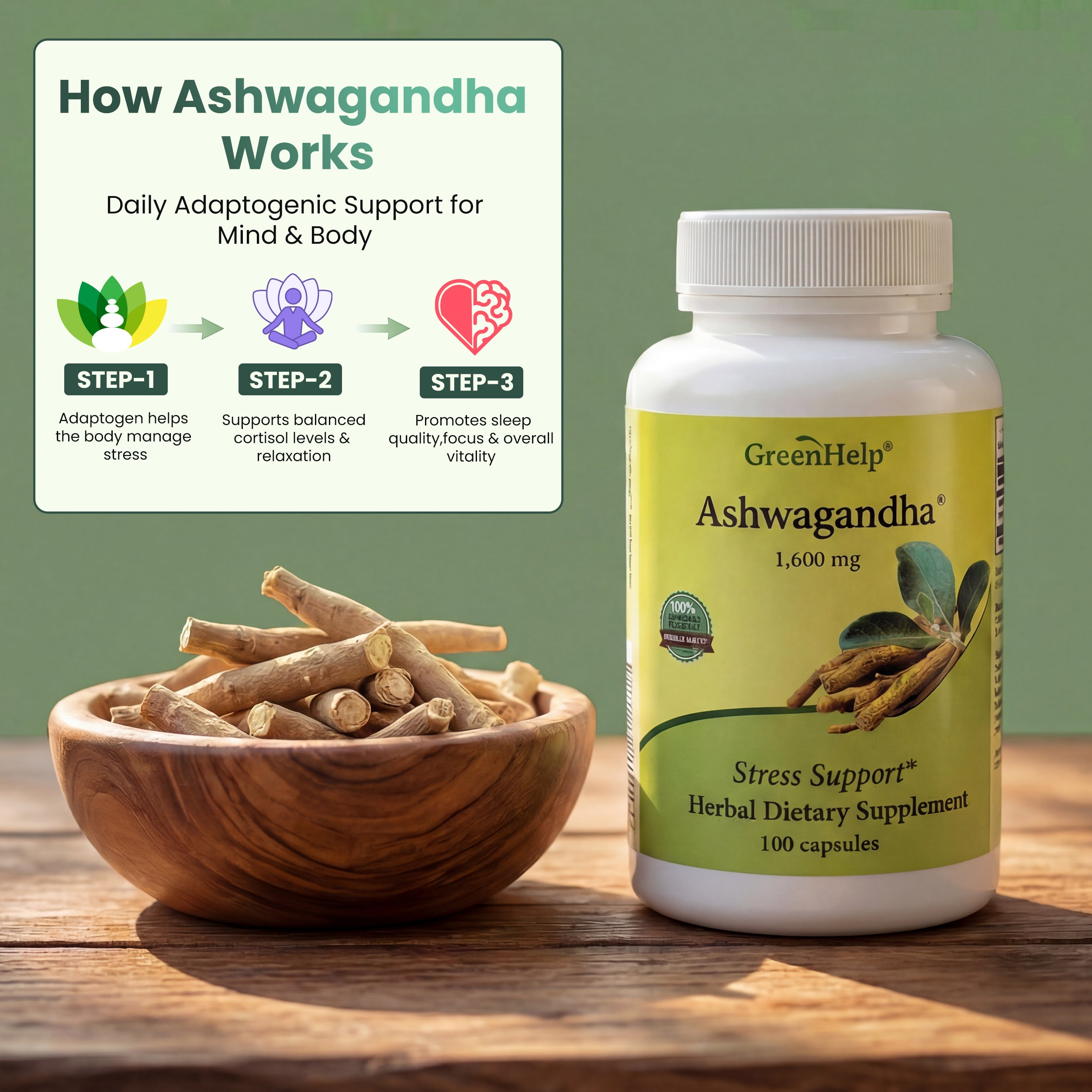 Ashwagandha Capsules - 100 Capsules - Natural Adaptogen for Stress Relief, Sleep Support & Cognitive Function