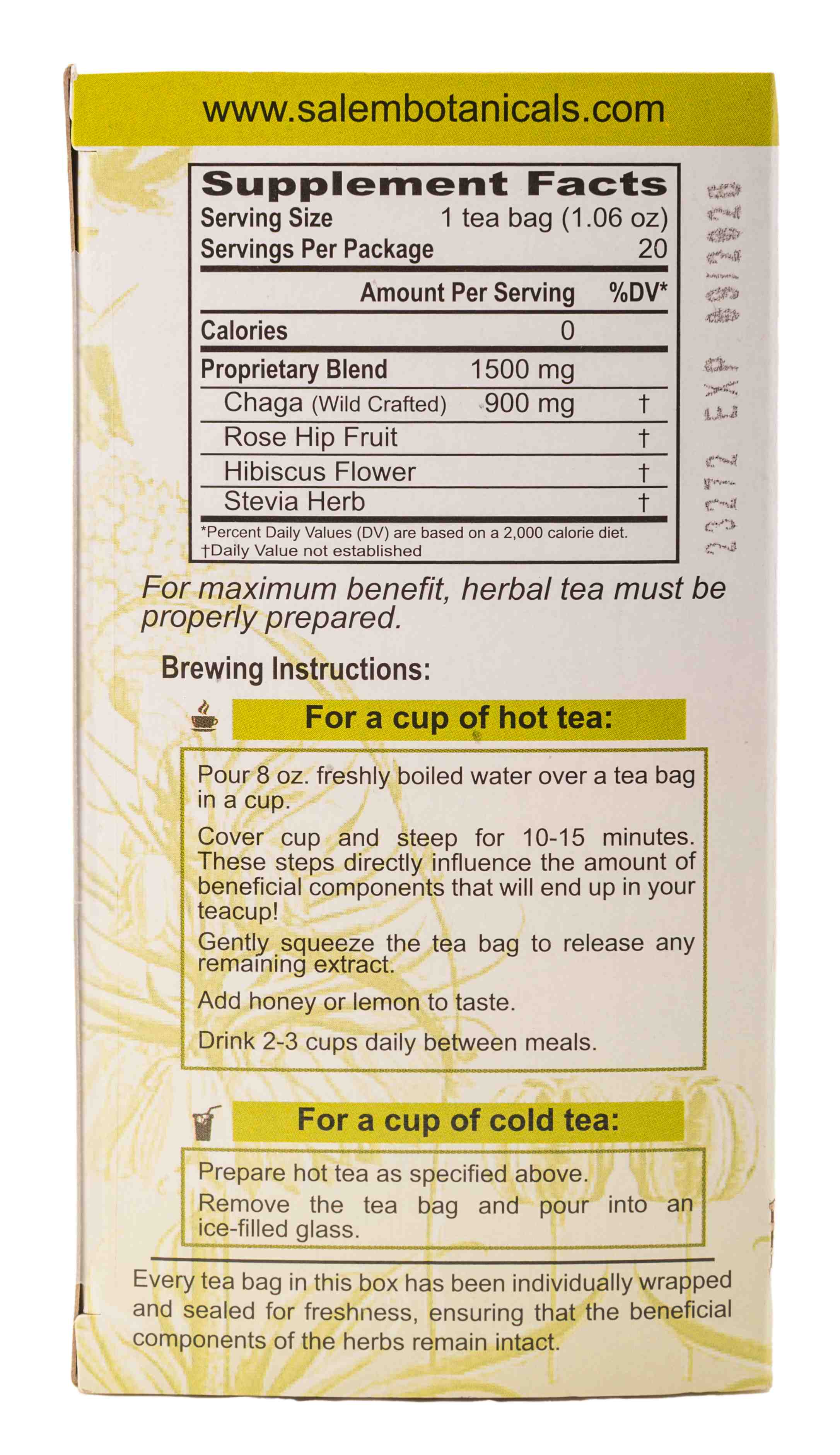 Chaga Tea for Immunity Support - Single Pack of 20 Tea Bags