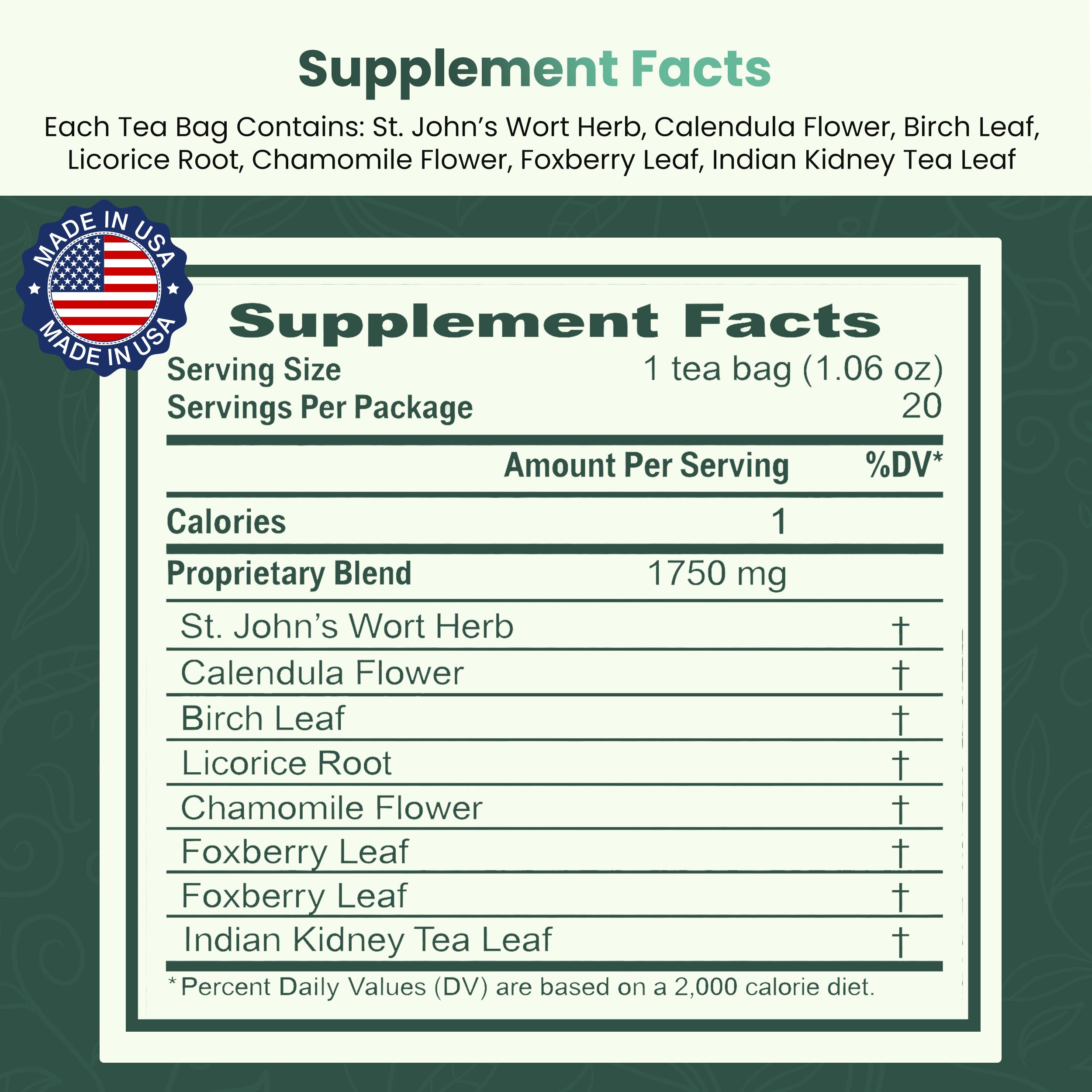 Water Balance Tea - 20 Tea Bags - Supports Fluid Balance & Natural Diuretic Function